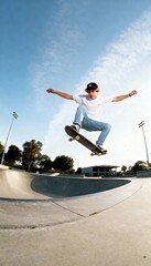 Low-angle shot of a young man performing a skateboard trick at a skatepark.
