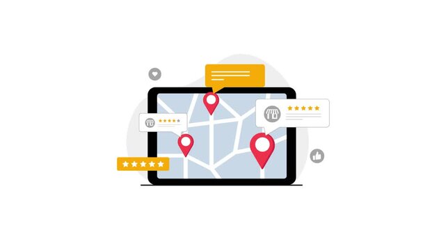 4k Map with Store Location Pins and Reviews. Local Business Concept Animation Video 