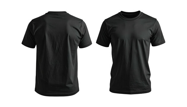Two views of a plain, black t-shirt, front and back, presented against a dark backdrop
