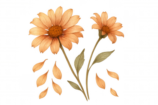 Watercolor autumn flowers with falling petals on transparent background, vintage botanical illustration