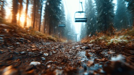 A captivating view of an uphill chairlift path surrounded by snow-covered trees, capturing the serene beauty of a winter wilderness in soft light. Perfect for outdoor enthusiasts.