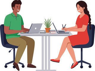 Cartoon office colleagues collaborating, man in green shirt and woman in red dress using laptops at table, teamwork communication illustration design