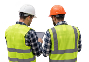 Two construction workers in safety gear reviewing plans on a tablet, isolated on transparent background, highlighting teamwork and project management