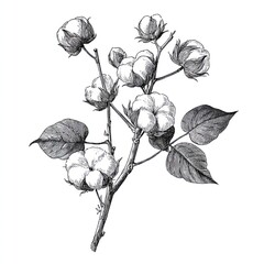 Engraving sketch detailed botanical illustration of cotton plant branch with fluffy bolls and textured leaves