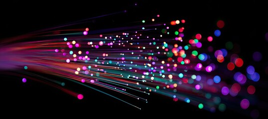 A vibrant artwork depicting colorful light streams emanating from a single point against a dark backdrop