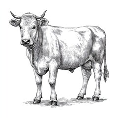 Engraving sketch of cow with horns standing on ground in vintage rural livestock illustration