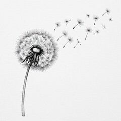 Engraving sketch of dandelion with flying seeds drawn in black ink on white background minimal floral design