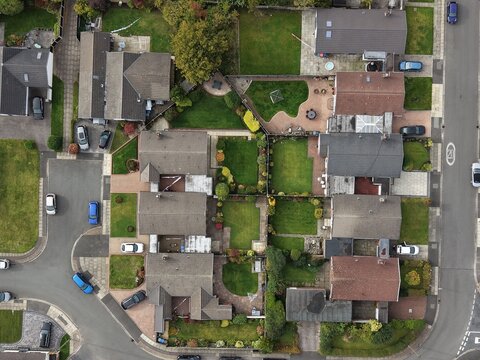 Aerial view looking down onto a houses and gardens in Bury Greater Manchester. 