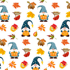 Gnomes with pumpkins and fall leaves for Thanksgiving.Vector seamless pattern with gnomes and autumn decor on a white background.