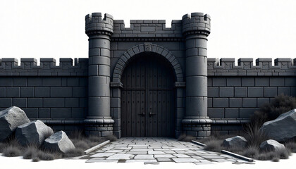 massiv dark ancient castle door gate isolated on white background