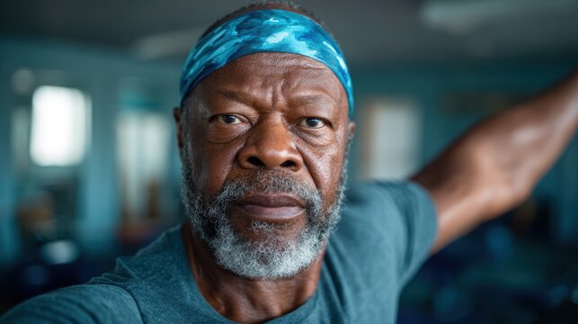 An elderly man in a fitness setting confidently stretches, embodying dedication and strength, reflecting the importance of health and wellness regardless of age.