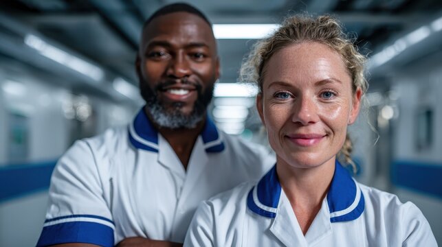 A portrait of two healthcare professionals standing together in a hospital corridor, showcasing their dedication to patient care and teamwork. Their smiles embody compassion and support.