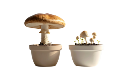 Fresh oyster mushroom cluster in planter for home cultivation isolated on transparent background