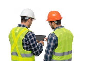 Two construction workers in safety vests looking at a tablet, isolated on transparent background, discussing plans and coordinating work