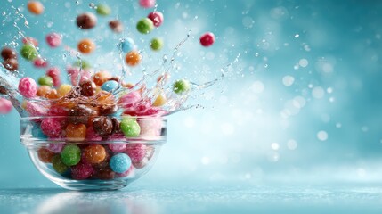 A dynamic splash of colorful candies in clear water captures a lively moment, highlighting the fun and excitement of sweets, perfect for conveying joy and playfulness.