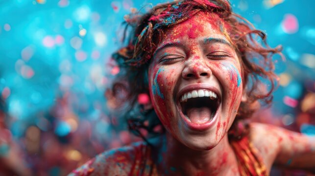 A joyful girl covered in vibrant, colorful paint at a lively festival, symbolizing creativity, freedom, and the joy of self-expression in a celebratory atmosphere.