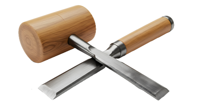 Wooden mallet and steel chisels create crossed arrangement, ideal for woodworking product photography, tool catalog, or DIY projects.