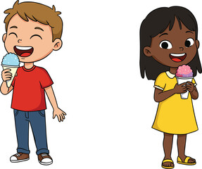 Cartoon Children Smiling While Holding Ice Cream Cones – Summer Fun Vector Illustration for Childhood Happiness and Outdoor Treat Themes