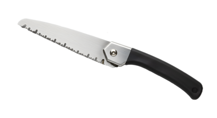 Silver and black folding saw shines, ideal for product photography, camping gear, or tool branding.