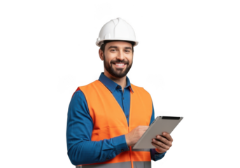 Smiling construction worker in hardhat and safety vest using tablet isolated on transparent background he is looking at the camera with a friendly expression