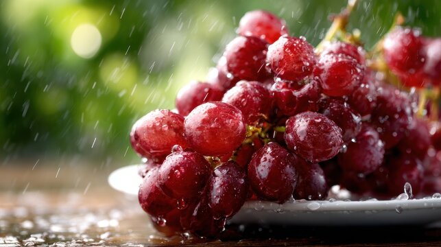 A stunning image of fresh red grapes adorned with sparkling raindrops, resting on a wooden plate, symbolizing abundance and representing nature’s flavorful gifts.