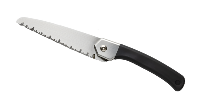 Silver and black folding saw shines, ideal for product photography, camping gear, or tool branding.