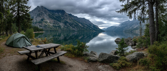 Foldable solar charger on wooden picnic table reflecting overcast sky outdoors