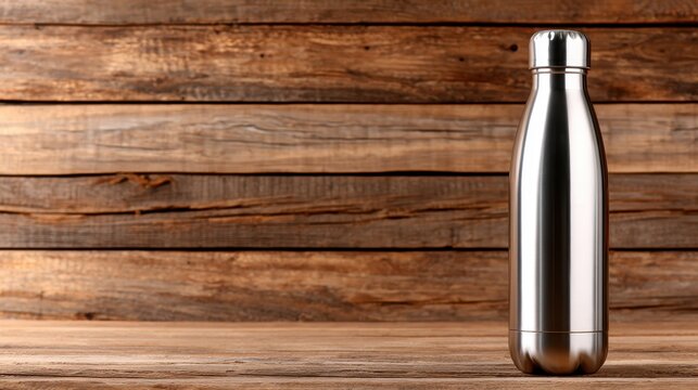 This sleek stainless steel water bottle is placed on a rustic wooden surface, emphasizing its modern design and eco-friendly qualities suitable for daily hydration.