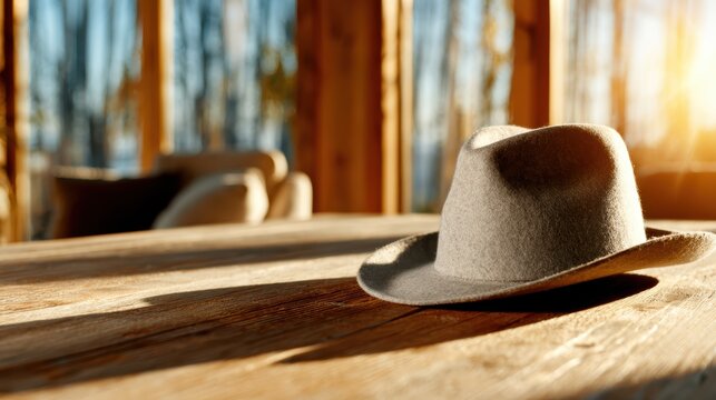 A stylish gray hat rests on a rustic wooden table, capturing a moment of elegance and simplicity while evoking the essence of personal style and charm.