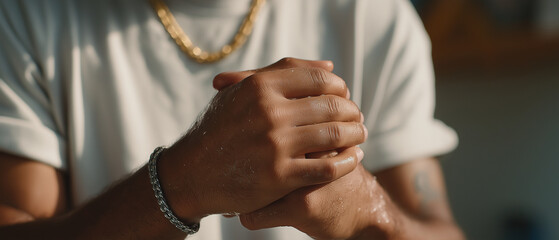 Person moisturizing arms showing self care routine, person looks satisfied and content as they hydrate skin