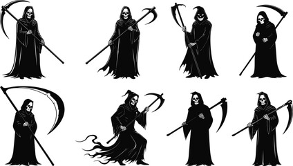 Obraz premium Stylized Grim Reaper Silhouettes with Scythes and Flowing Robes – Death Symbol Vector Set for Halloween, Horror, and Gothic Themes