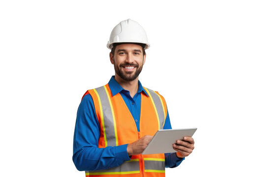 Smiling construction worker in hardhat and safety vest using tablet isolated on transparent background he is looking at the camera with a friendly expression
