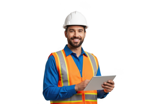 Smiling construction worker in hardhat and safety vest using tablet isolated on transparent background he is looking at the camera with a friendly expression