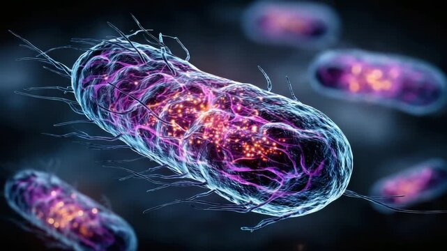 A detailed rendering depicts a bacterial cell with internal glow, and surrounding blurred cells