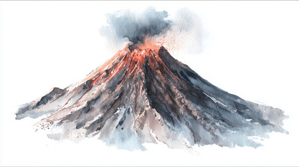 Volcano erupting spewing smoke and lava watercolor