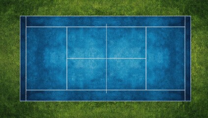 Overhead view of a rectangular sports court with blue surface surrounded by green grass