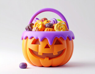 Halloween Pumpkin 3d Rendering with Snacks on White Background