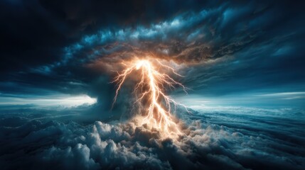 A breathtaking view of a thunderstorm unleashing powerful lightning bolts amidst dark, turbulent clouds, showcasing nature's raw force and beauty in the atmosphere.