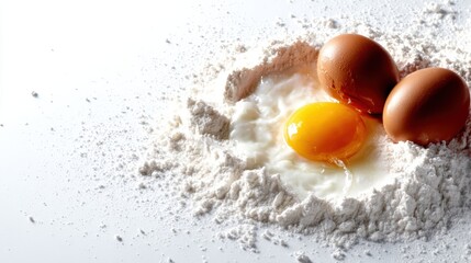 Two fresh brown eggs next to a puddle of cracked yolk in soft flour, ideal for culinary visuals showcasing baking ingredients or the art of cooking delicious meals.