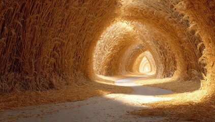A golden tunnel created by interwoven golden stalks with a bright light at the end