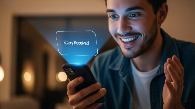 Man Excitedly Reacts to Salary Received Notification on Smartphone - Powered by Adobe