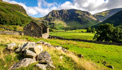 A picturesque landscape of rolling green hills, a stone structure, a mountain backdrop and a blue, partly cloudy sky