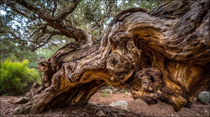 Intricate gnarled tree trunk with twisted bark in natural outdoor setting