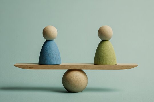 A balanced scale holding two wooden figures, one blue, one green, on a teal background