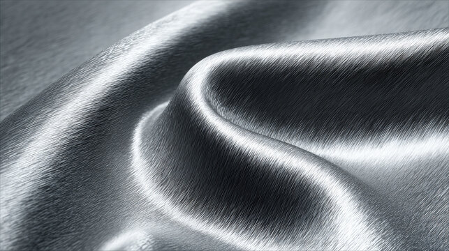 Brushed aluminum surface with seamless liquid fold and fine linear texture in soft gray tones