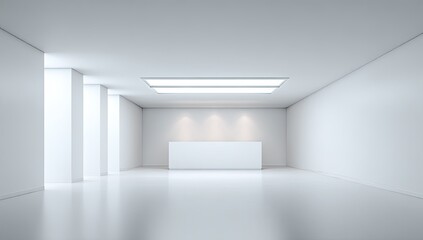 A minimalist, all-white reception area featuring a desk and rectangular overhead lighting