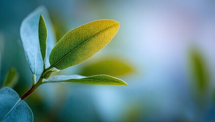 Obraz premium Close-up view of fresh green leaves on a stem, sunlight shining through the foliage