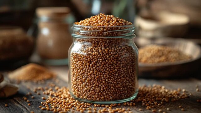 Glass jar filled with buckwheat seeds on a wooden table.