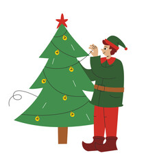 Elf decorating Christmas tree. Fairytale character in linear flat style.