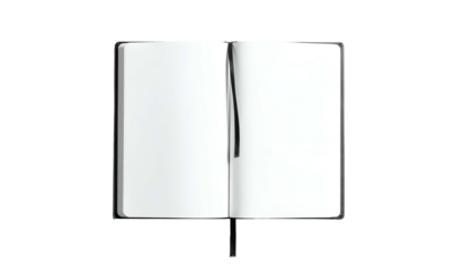 An open book with blank white pages, a black cover, and a bookmark on a black background